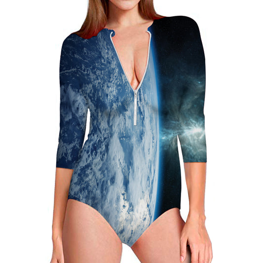 Space And Earth Print Long Sleeve Swimsuit