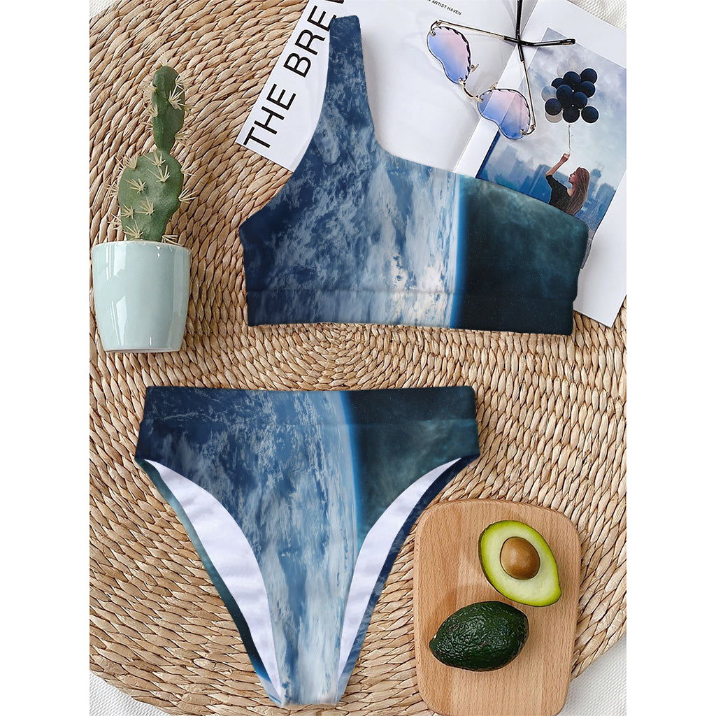 Space And Earth Print One Shoulder Bikini Top
