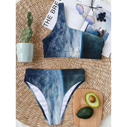 Space And Earth Print One Shoulder Bikini Top