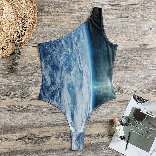 Space And Earth Print One Shoulder Bodysuit