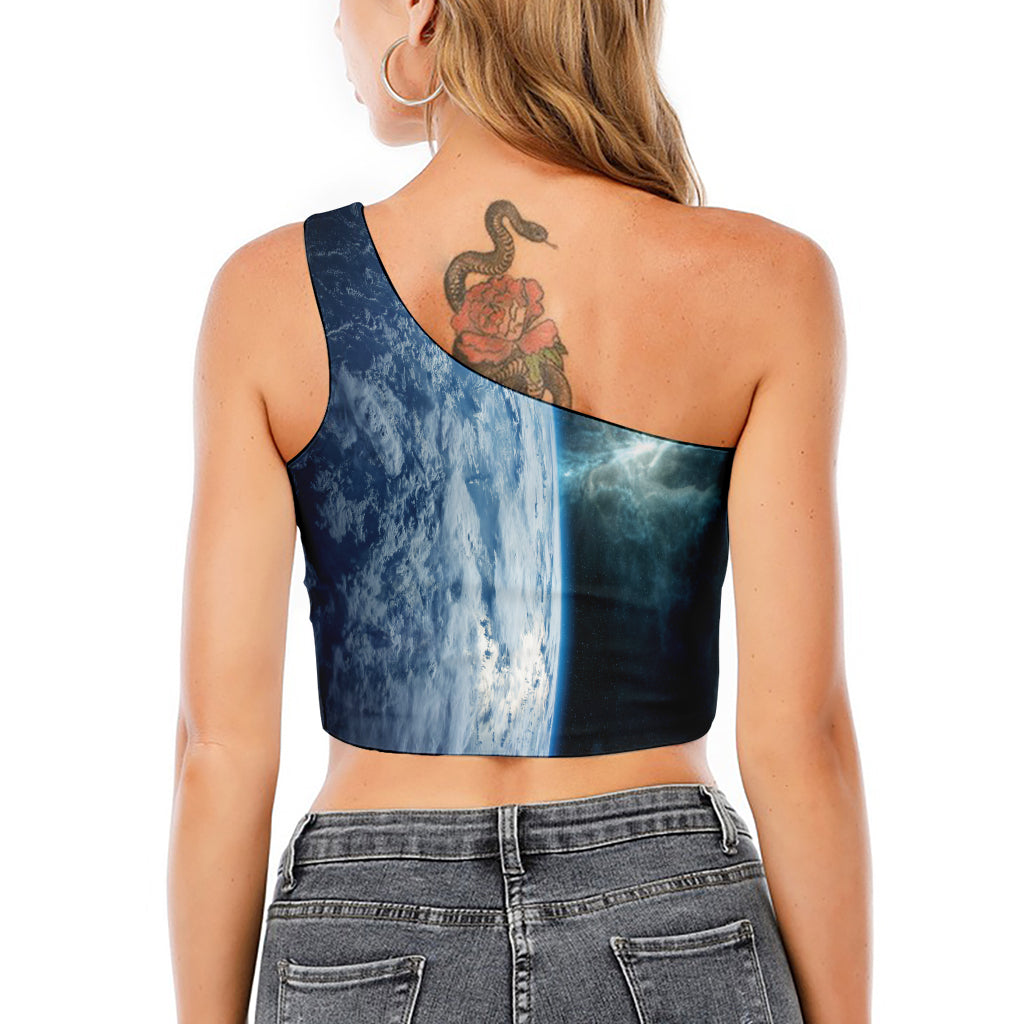 Space And Earth Print One Shoulder Crop Top