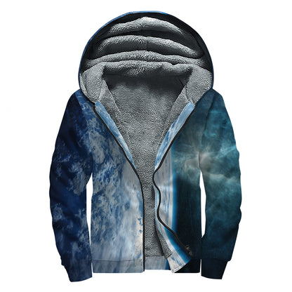 Space And Earth Print Sherpa Lined Zip Up Hoodie