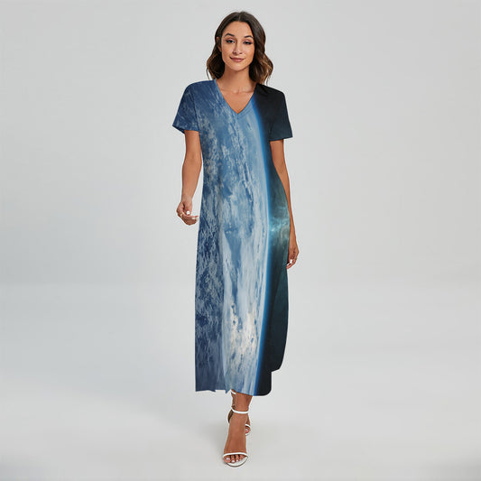 Space And Earth Print Short Sleeve Maxi Dress