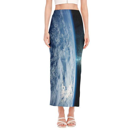Space And Earth Print Side Slit Maxi Skirt