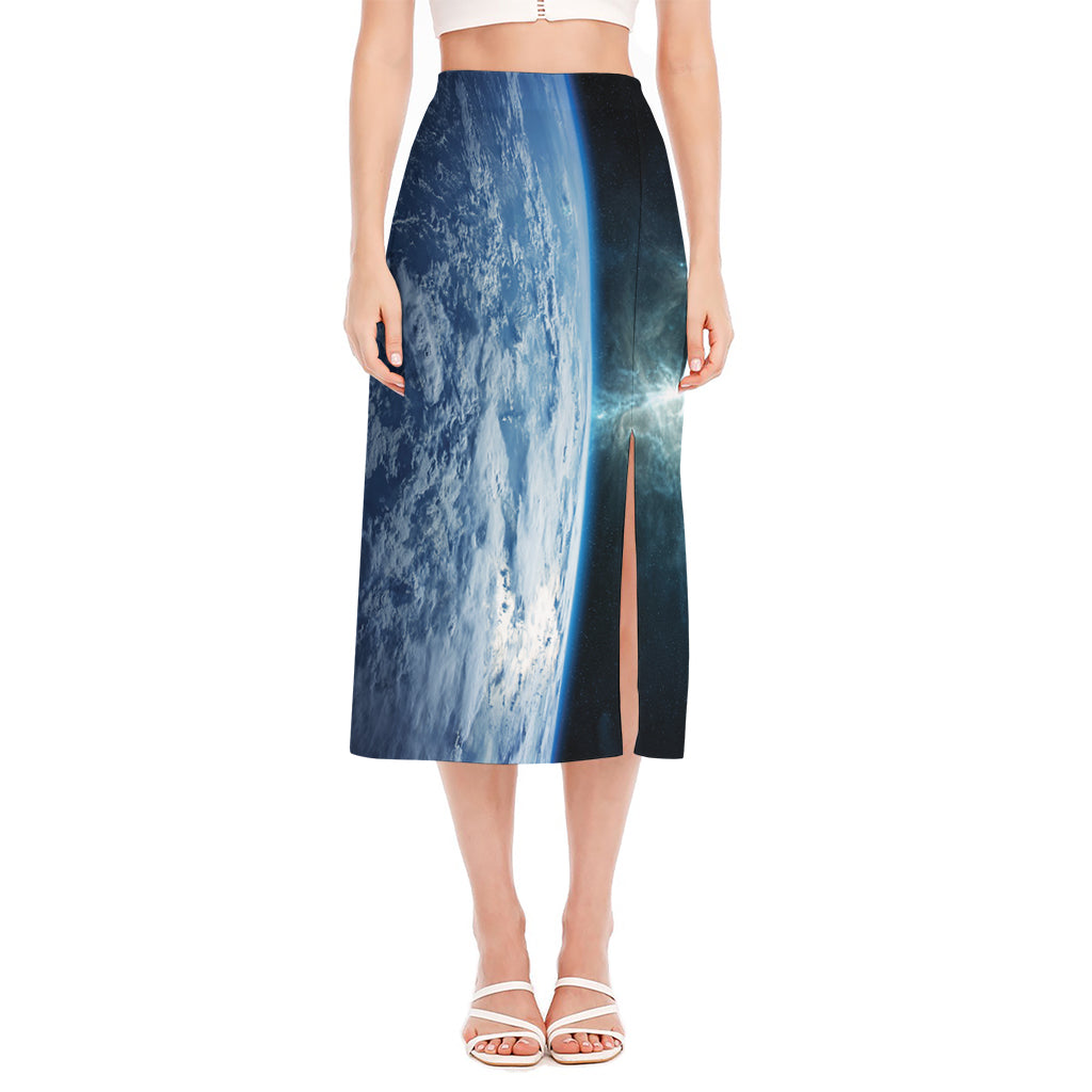 Space And Earth Print Side Slit Midi Skirt