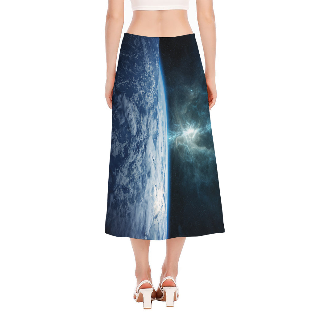 Space And Earth Print Side Slit Midi Skirt