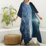 Space And Earth Print Silk V-Neck Kaftan Dress