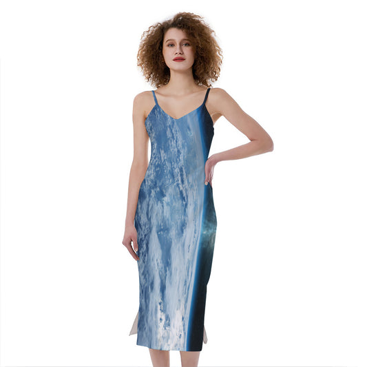 Space And Earth Print Slim Fit Midi Cami Dress