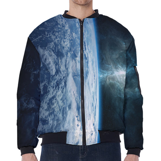 Space And Earth Print Zip Sleeve Bomber Jacket