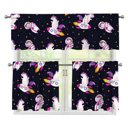 Space Astronaut Unicorn Pattern Print 3 Piece Kitchen Curtains