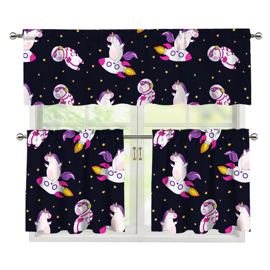 Space Astronaut Unicorn Pattern Print 3 Piece Kitchen Curtains