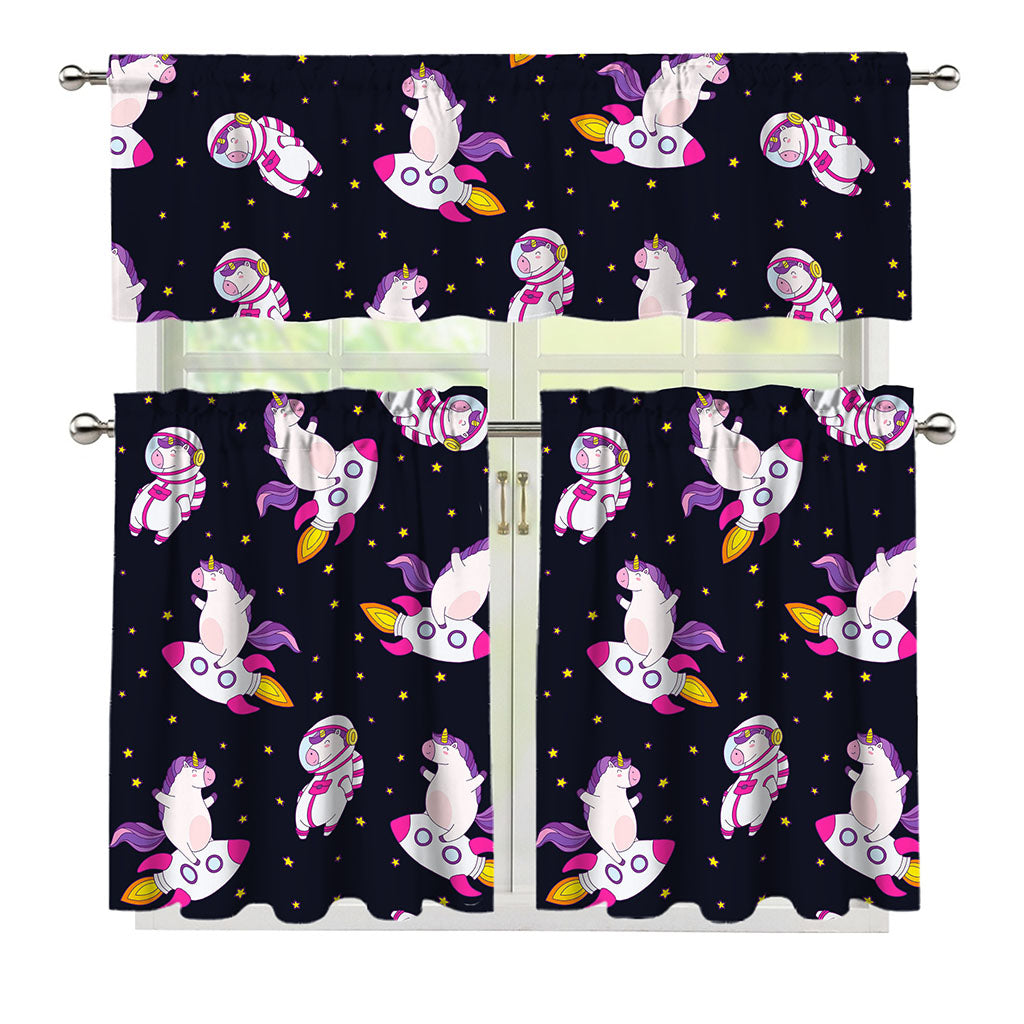 Space Astronaut Unicorn Pattern Print 3 Piece Kitchen Curtains