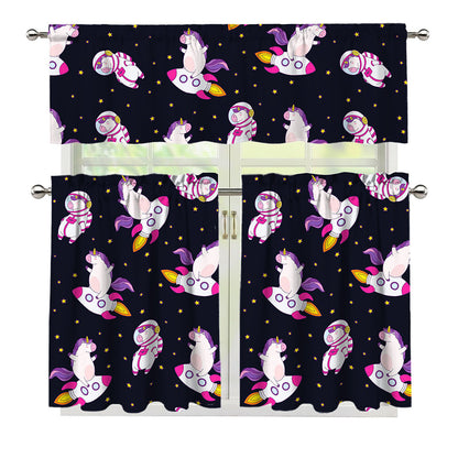 Space Astronaut Unicorn Pattern Print 3 Piece Kitchen Curtains