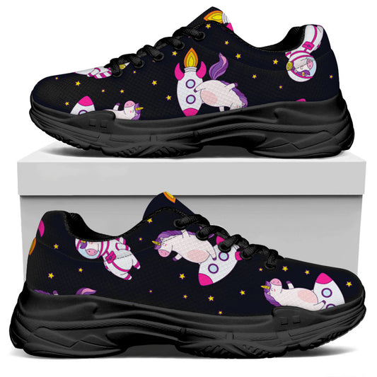 Space Astronaut Unicorn Pattern Print Black Chunky Shoes