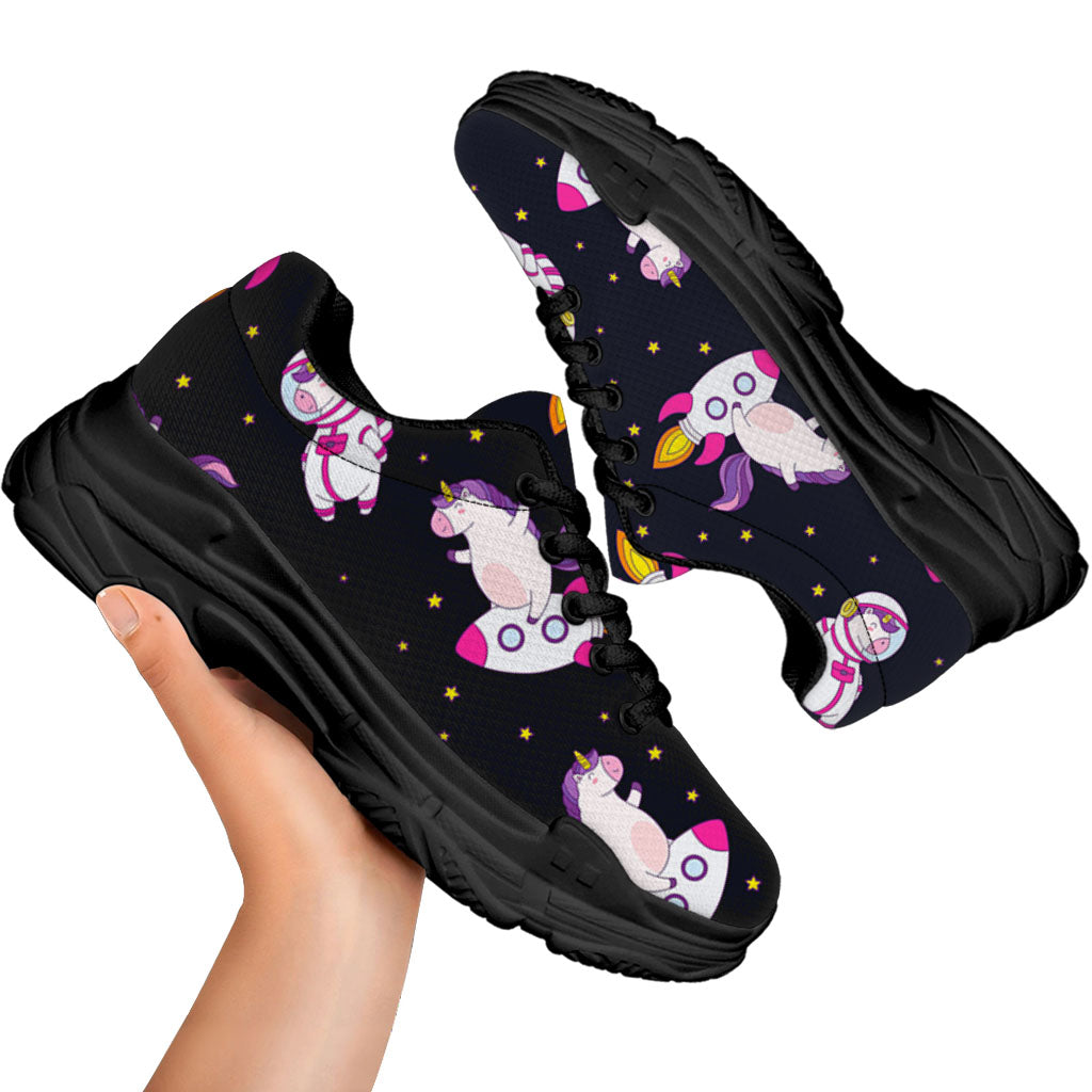Space Astronaut Unicorn Pattern Print Black Chunky Shoes