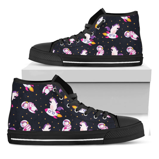 Space Astronaut Unicorn Pattern Print Black High Top Sneakers