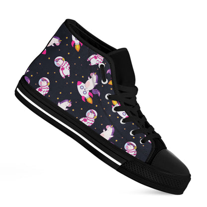 Space Astronaut Unicorn Pattern Print Black High Top Sneakers