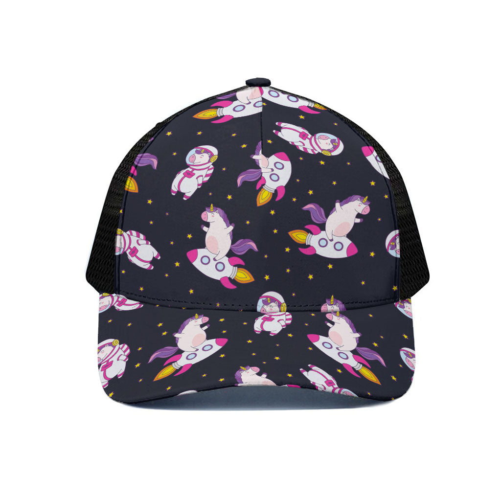 Space Astronaut Unicorn Pattern Print Black Mesh Trucker Cap