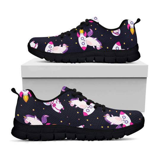 Space Astronaut Unicorn Pattern Print Black Running Shoes