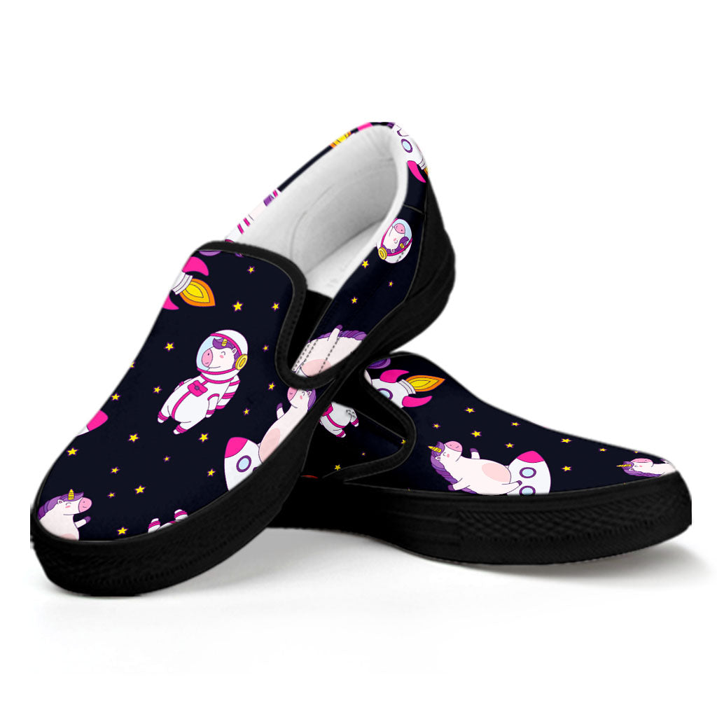 Space Astronaut Unicorn Pattern Print Black Slip On Sneakers