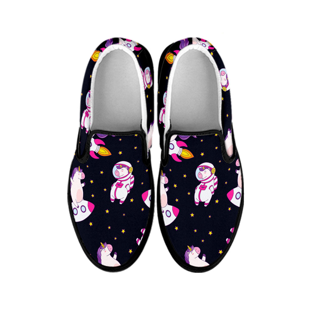 Space Astronaut Unicorn Pattern Print Black Slip On Sneakers