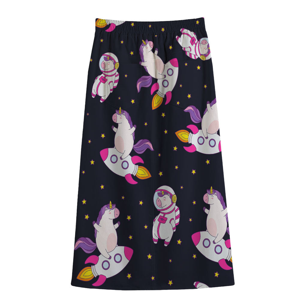 Space Astronaut Unicorn Pattern Print Cotton Front Slit Maxi Skirt