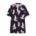 Space Astronaut Unicorn Pattern Print Cotton Hawaiian Shirt