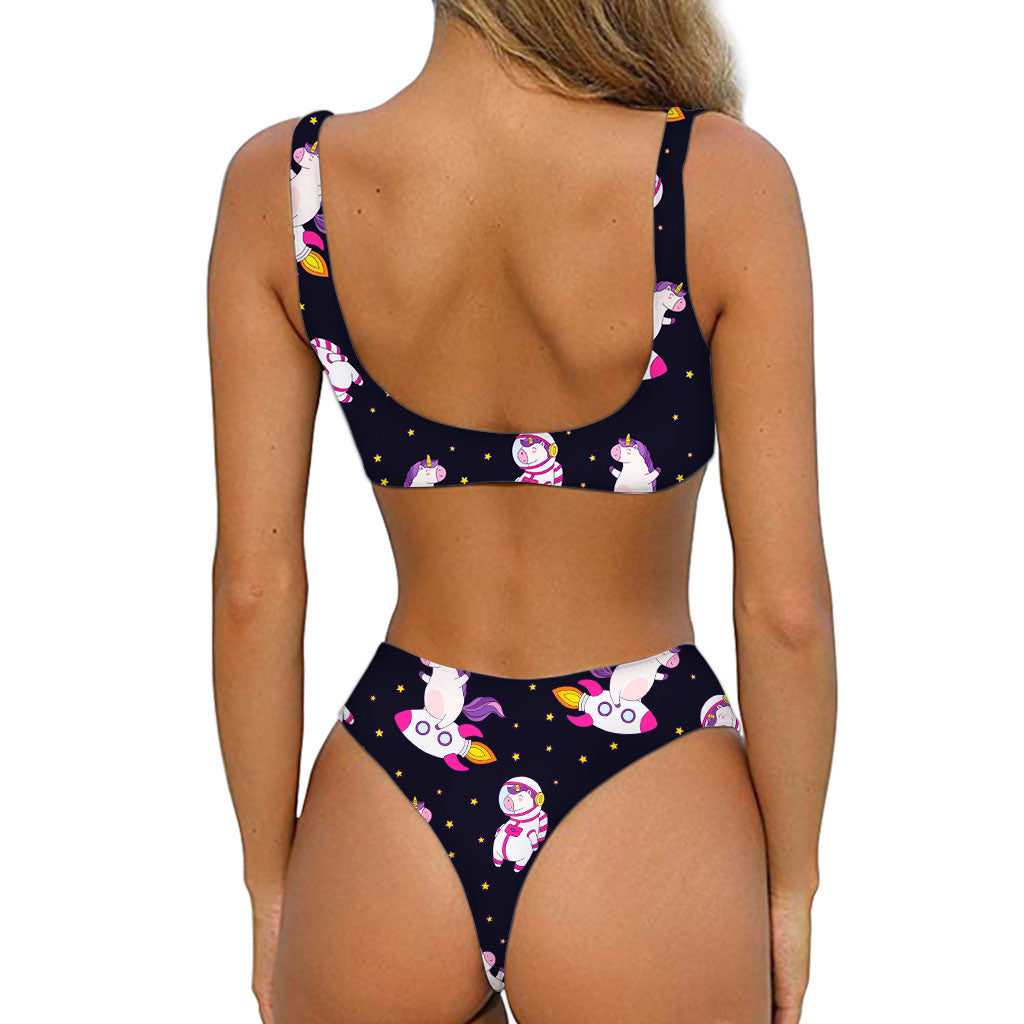 Space Astronaut Unicorn Pattern Print Front Bow Tie Bikini