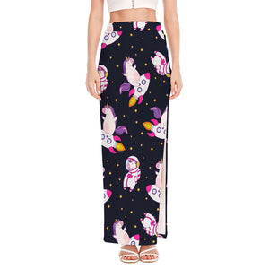 Space Astronaut Unicorn Pattern Print High Slit Maxi Skirt