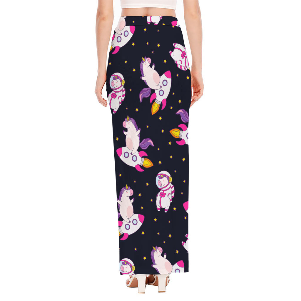 Space Astronaut Unicorn Pattern Print High Slit Maxi Skirt