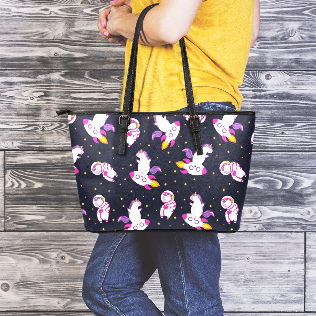 Space Astronaut Unicorn Pattern Print Leather Tote Bag