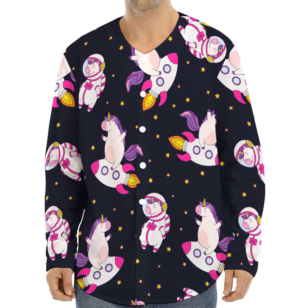 Space Astronaut Unicorn Pattern Print Long Sleeve Baseball Jersey