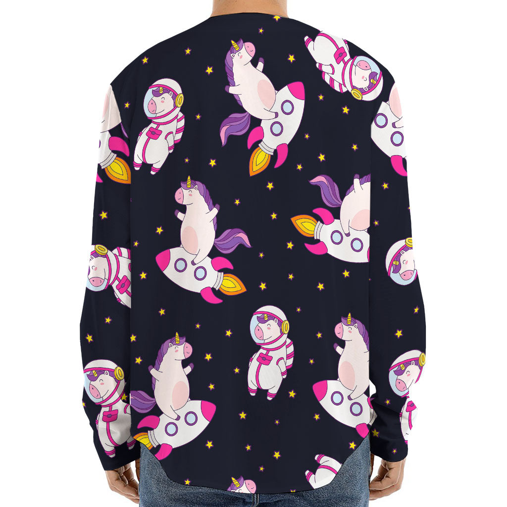 Space Astronaut Unicorn Pattern Print Long Sleeve Baseball Jersey