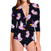 Space Astronaut Unicorn Pattern Print Long Sleeve Swimsuit