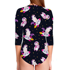 Space Astronaut Unicorn Pattern Print Long Sleeve Swimsuit