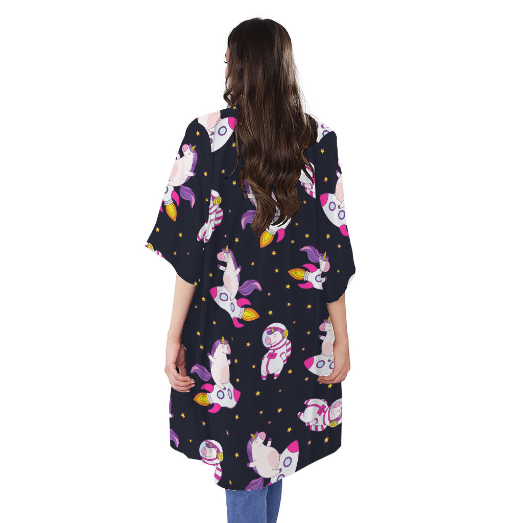 Space Astronaut Unicorn Pattern Print Open Front Beach Cover Up