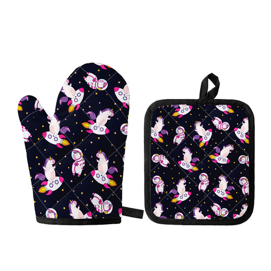 Space Astronaut Unicorn Pattern Print Oven Mitt And Pot Holder Set