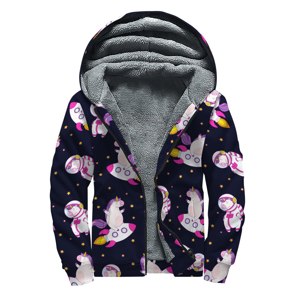 Space Astronaut Unicorn Pattern Print Sherpa Lined Zip Up Hoodie