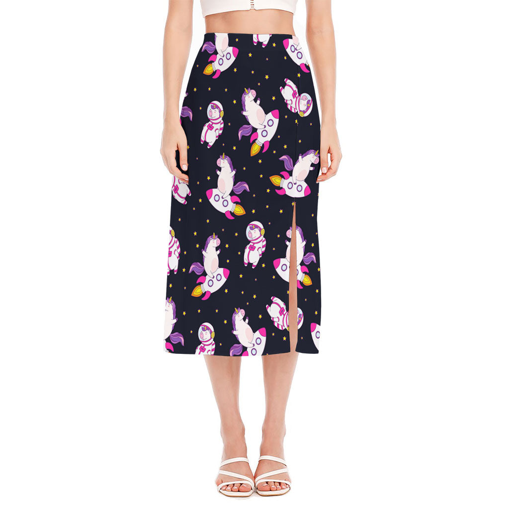 Space Astronaut Unicorn Pattern Print Side Slit Midi Skirt