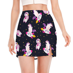 Space Astronaut Unicorn Pattern Print Side Slit Mini Skirt