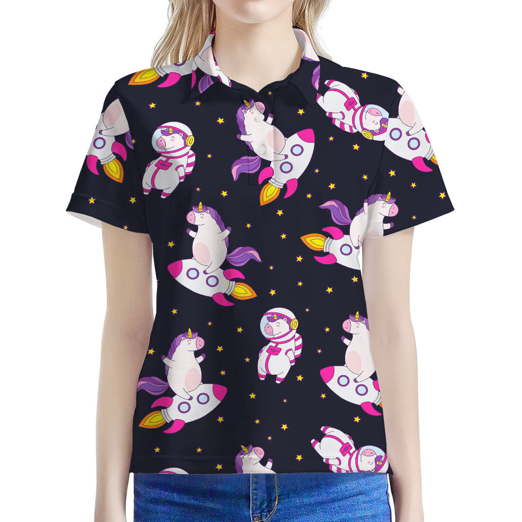 Space Astronaut Unicorn Pattern Print Women's Polo Shirt