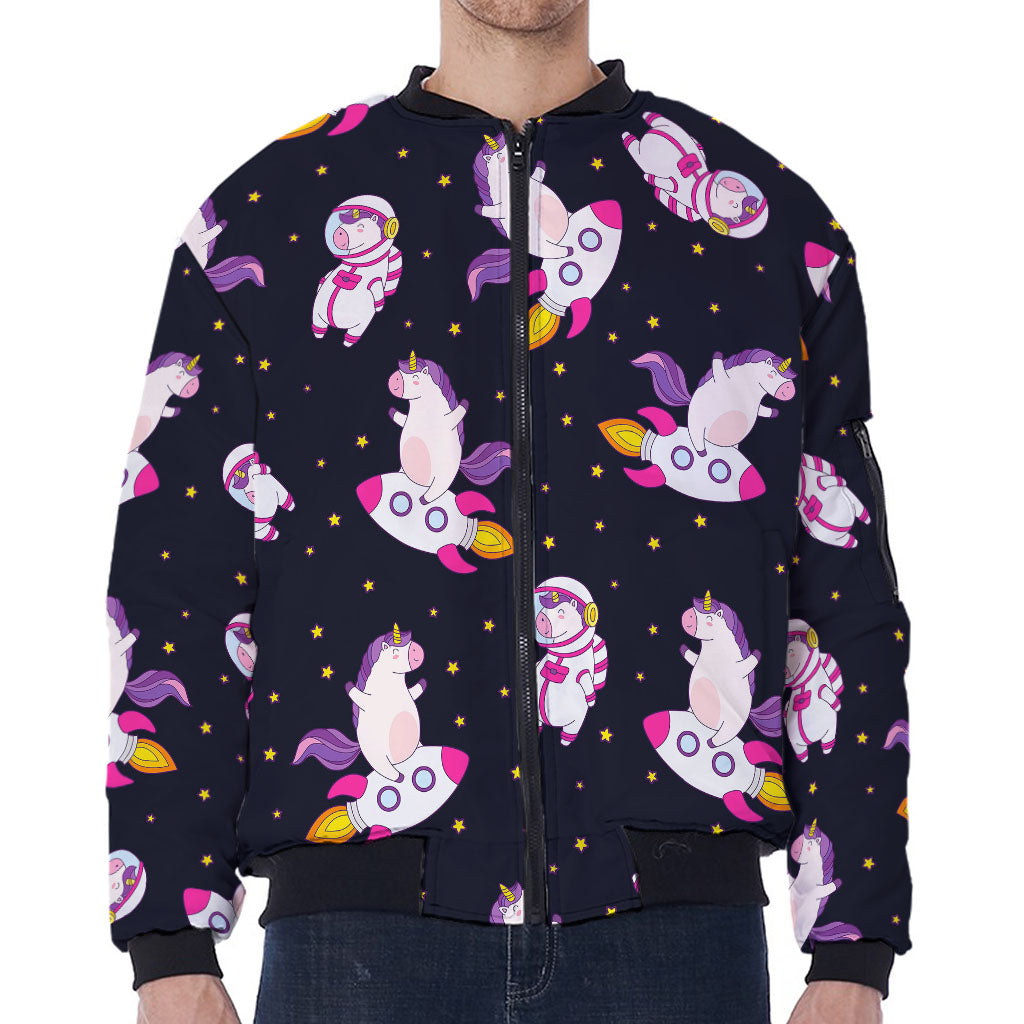 Space Astronaut Unicorn Pattern Print Zip Sleeve Bomber Jacket