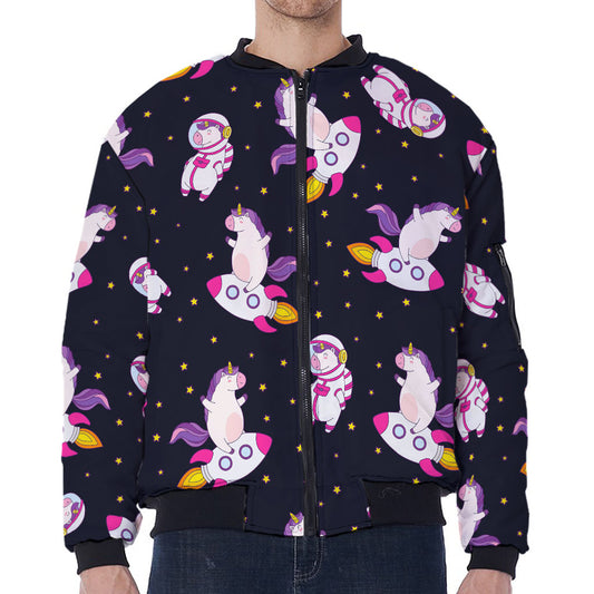 Space Astronaut Unicorn Pattern Print Zip Sleeve Bomber Jacket