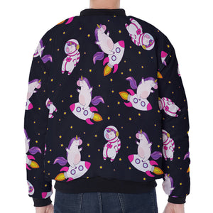 Space Astronaut Unicorn Pattern Print Zip Sleeve Bomber Jacket