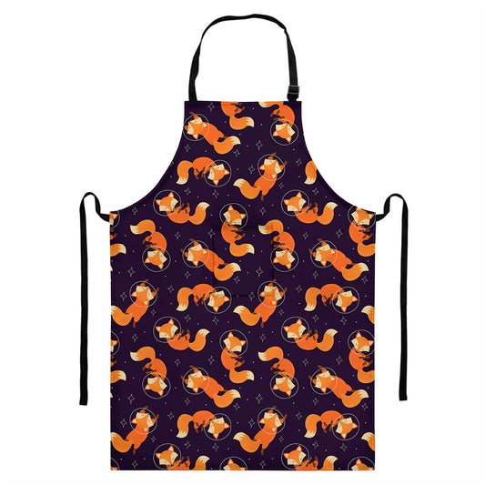 Space Fox Pattern Print Bib Apron With Pocket