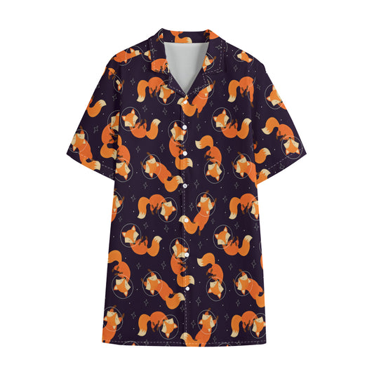 Space Fox Pattern Print Cotton Hawaiian Shirt
