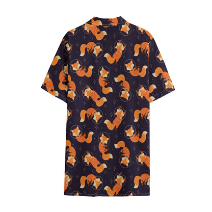 Space Fox Pattern Print Cotton Hawaiian Shirt