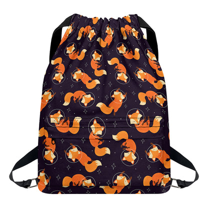 Space Fox Pattern Print Drawstring Backpack