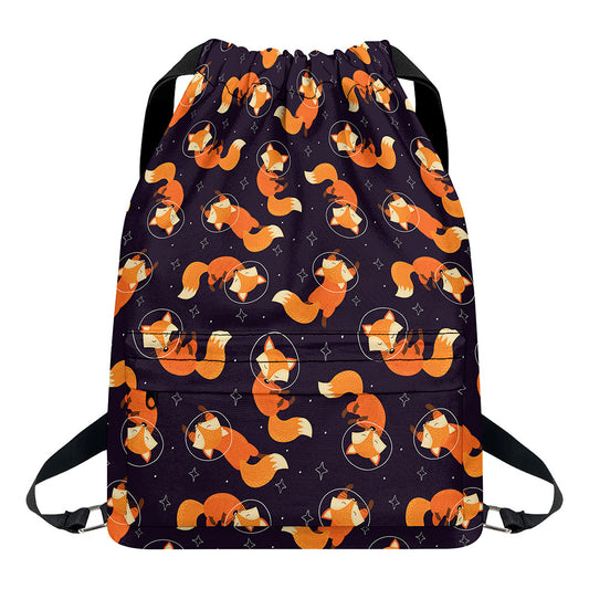 Space Fox Pattern Print Drawstring Backpack