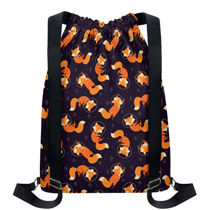 Space Fox Pattern Print Drawstring Backpack